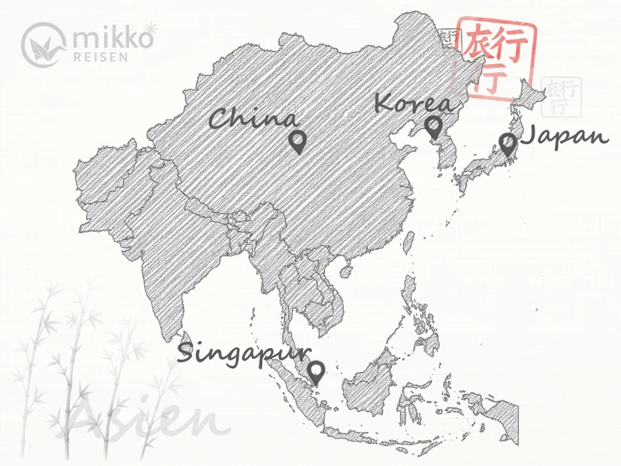Handgezeichnete Karte von Asien, auf der China, Japan, Korea und Singapur markiert sind.