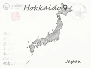 Gezeichnete Karte von Japan, auf der das Reiseziel Hokkaido markiert ist.