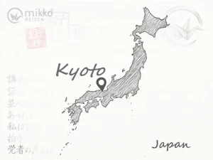 Gezeichnete Karte von Japan, auf der das Reiseziel Kyoto markiert ist.