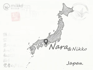 Gezeichnete Karte von Japan, auf der die Reiseziele Nara & Nikko markiert sind.