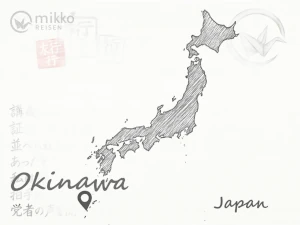 Gezeichnete Karte von Japan, auf der das Reiseziel Okinawa markiert ist.