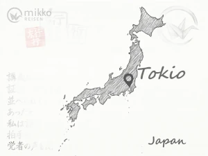 Gezeichnete Karte von Japan, auf der das Reiseziel Tokio markiert ist.