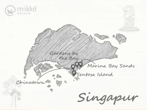 Gezeichnete Karte von Singapur, die schönsten Reiseziele markiert