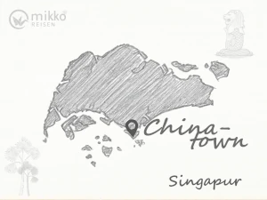 Gezeichnete Singapur-Karte, auf der das Reiseziel Chinatown & Little India markiert ist.